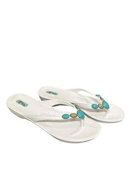 Oka-B Stone Embellished Flip Flop Sandals White Turquoise Size L (10-11)